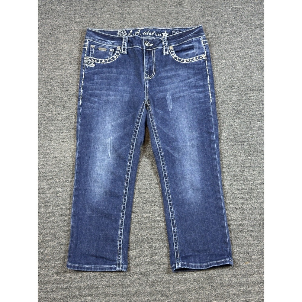 L.A. IDOL Studded Embellished Crop Capri Jeans Thick Stitch Size 11 (32x22)